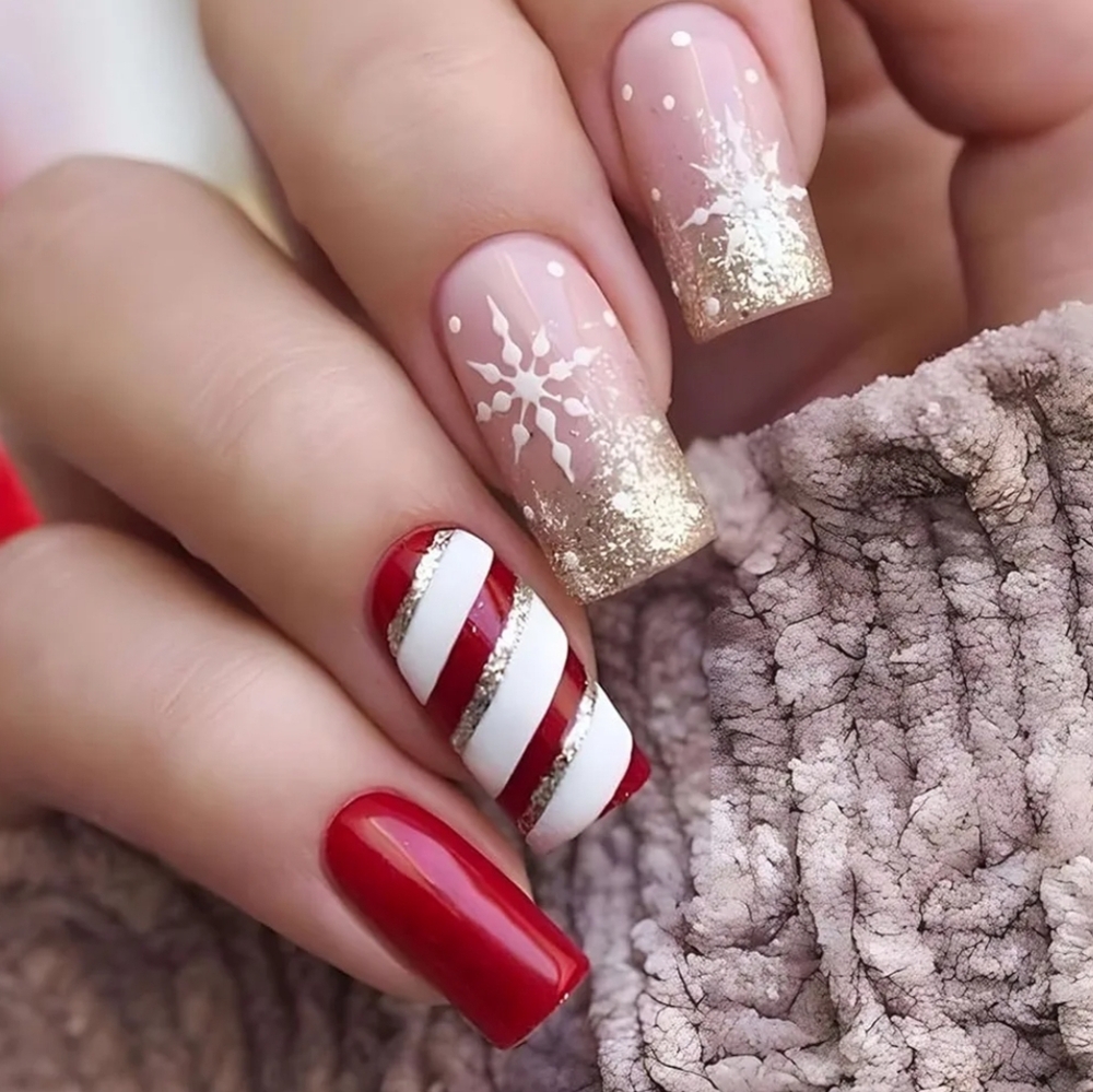 3/$15 Stripe Red White Gold Snowflake Almond Shaped Christmas Holiday Press Nail